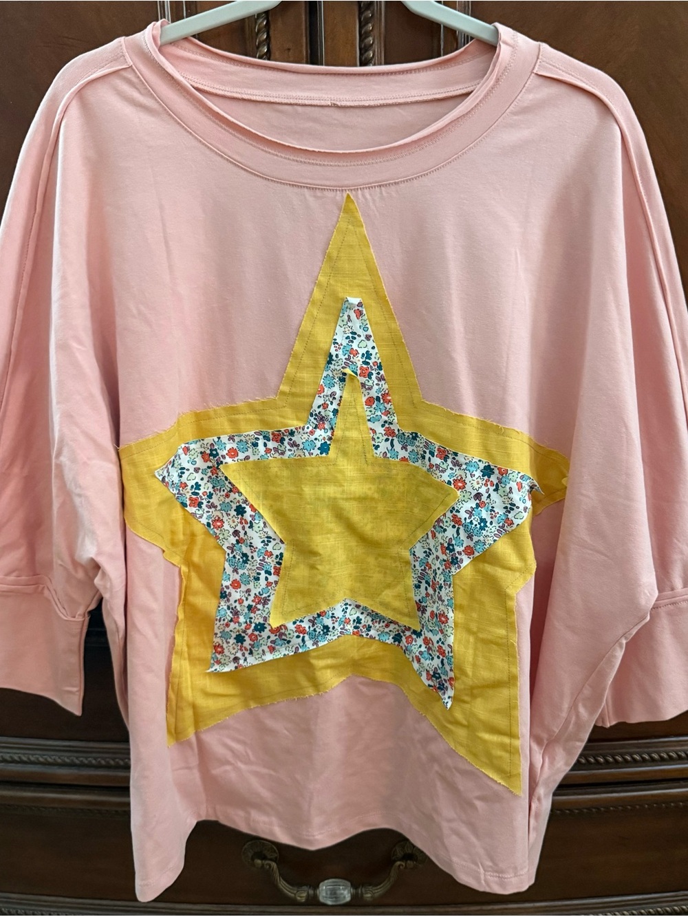 Women’s Pink T-shirt with Yellow Star Appliqué - Oversized Large